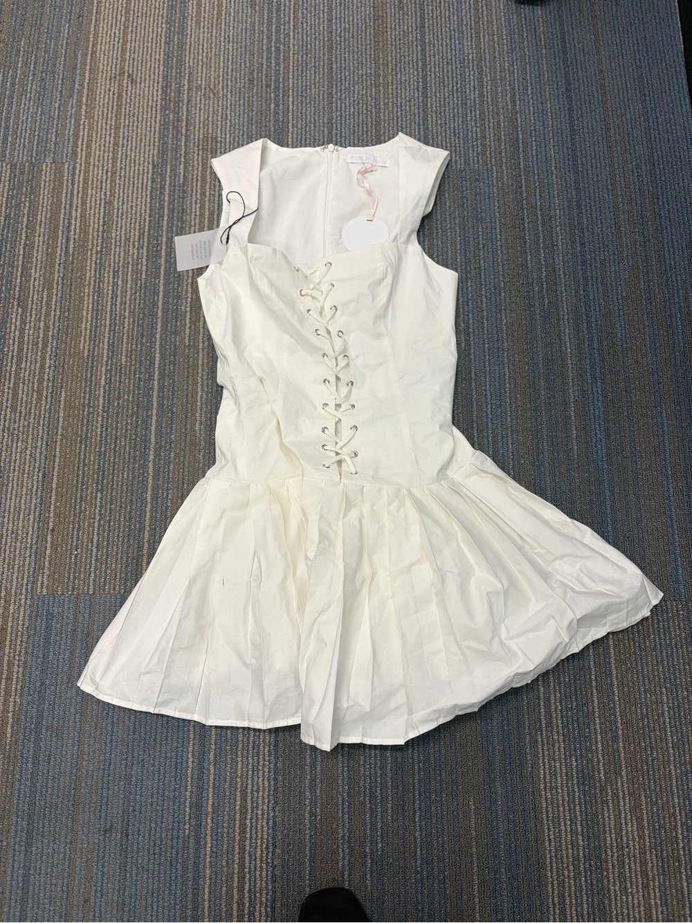 White Lace-Up Pleated Dress